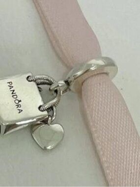 Pandora Blush Pink Fabric Bracelet with Silver Bag and Heart Charms